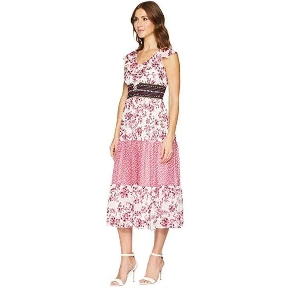 TAYLOR Ruffle V-Neck Chiffon Empire Waist White Pink Flowing Dress Size 6 - Picture 1 of 14